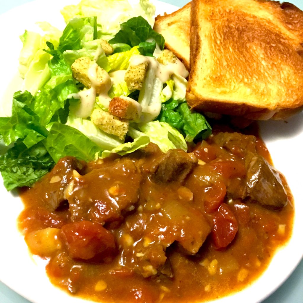 Red Curry Beef Stew with Caesar Salad and Egg Bread Toast