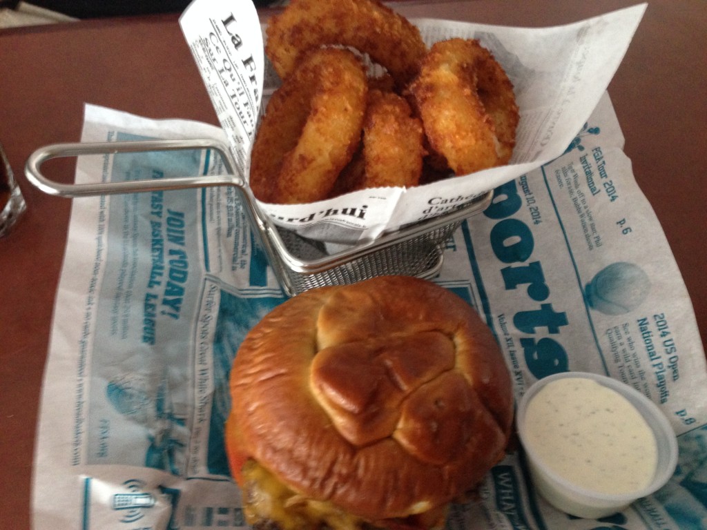 Pretzel Burger with Missy's Beer Battered Onion Rings