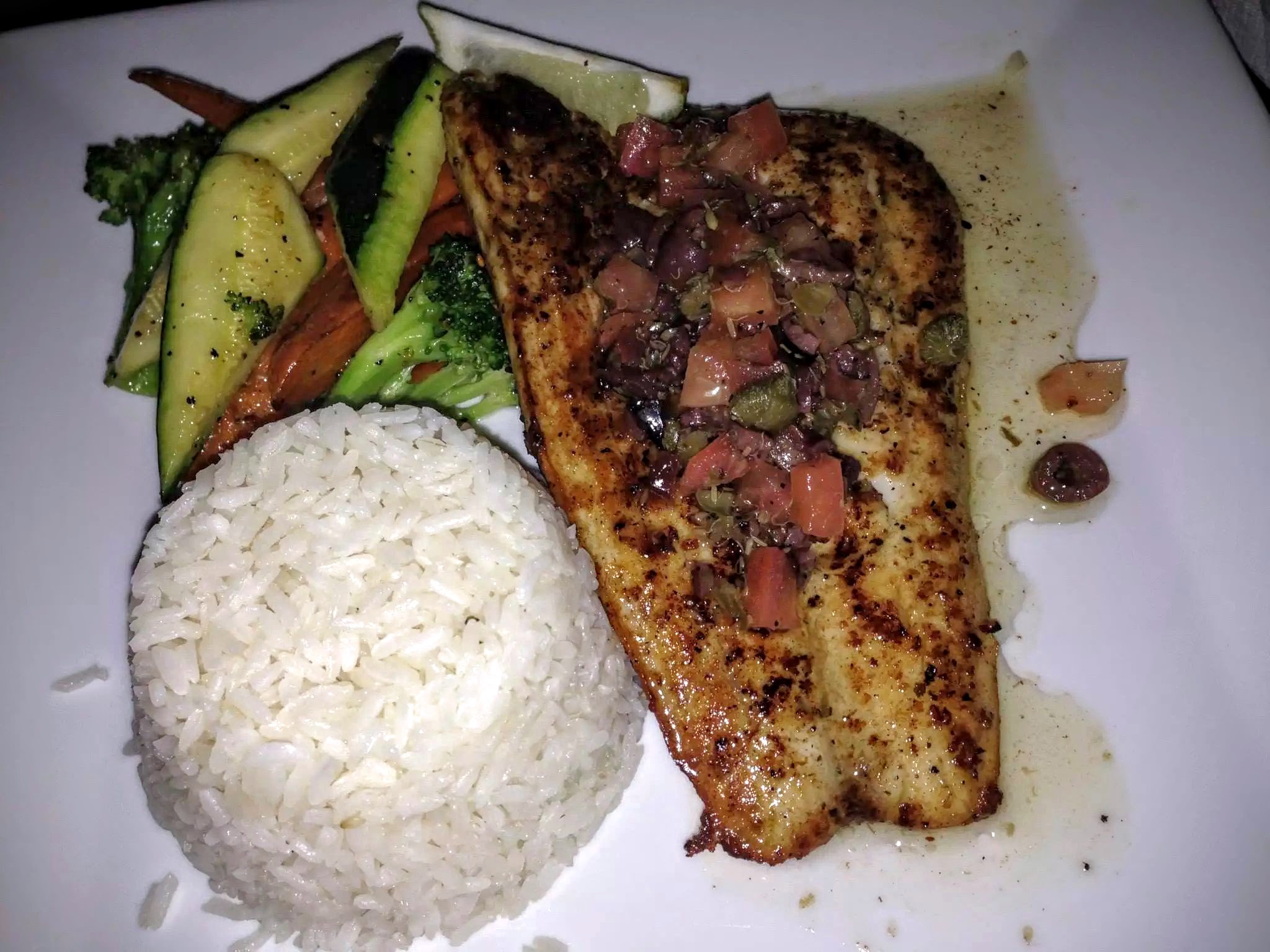 The Daily Catch - Pan Seared Fish, Basmati Rice with Sauteed Seasonal Vegetables
