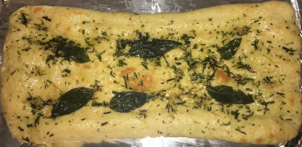Fokachio bread with basil, garlic and olive oil