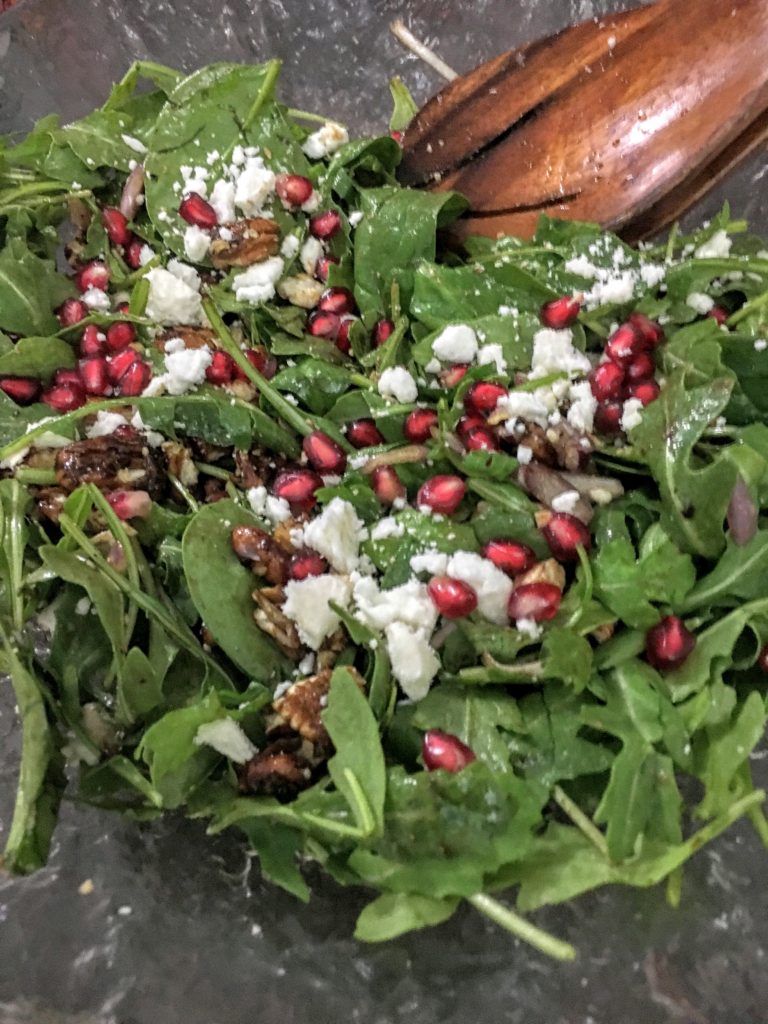 Pomegranate Spinach and Arugula Salad with Candied Pecans and Feta Cheese