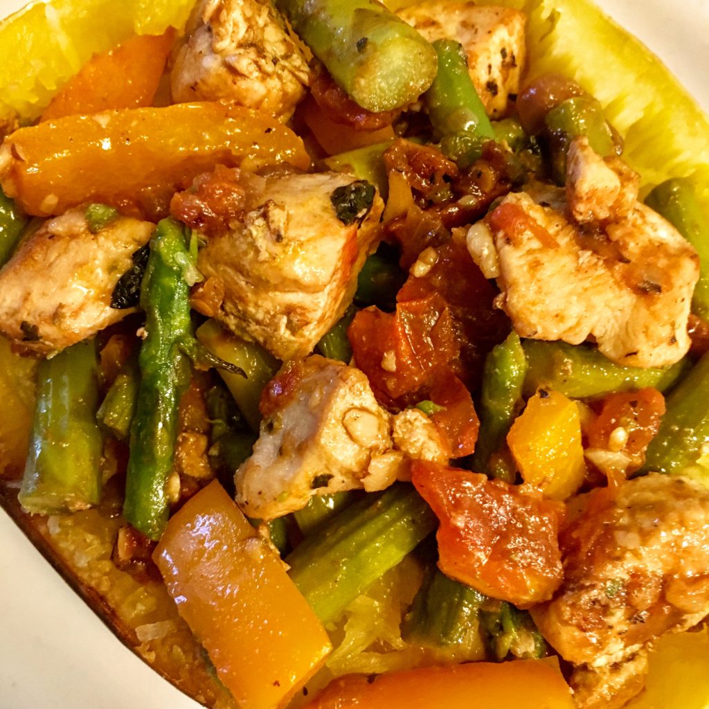 Spaghetti Squash with Chicken, Asparagus, Sweet Pepper and Tomato