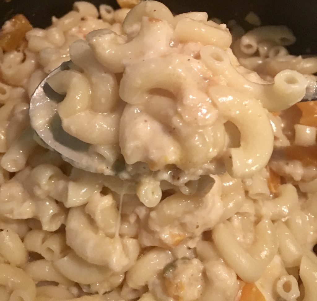 Macaroni and Cheese with Crab Meat in Casserole - Green Onion, Garlic, Basil, Yellow Sweet Pepper, Parmesan Cheese, White Cheddar and Laughing Cow Cheese