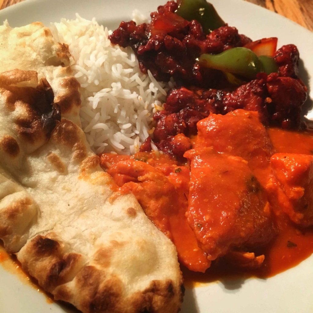 Butter Chicken and Chilli Chicken with Garlic Naan and Basmati Rice